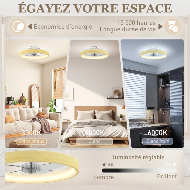 HOMCOM Ventilateur plafond avec lumière LED plafonnier ventilateur Ø49cm 7 pales 6 vitesses luminosité réglable mode été-hiver