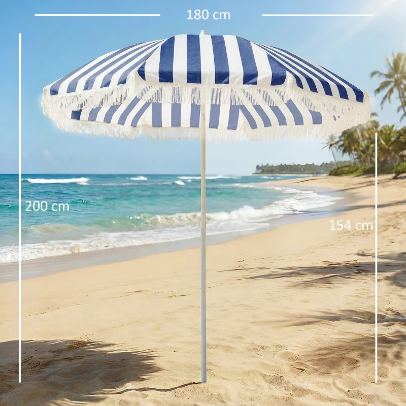 Outsunny Sombrilla de Playa con Flecos Ø180 cm Sombrilla de Terraza Exterior con Altura Ajustable Inclinación 30° Azul y Blanco