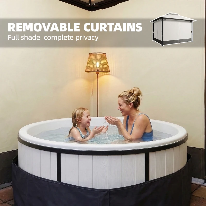 Outsunny 3 x 3.6 m Outdoor Garden Gazebo with Netting and Curtains, Double Roof Patio Gazebo Permanent Pavilion, Light Grey