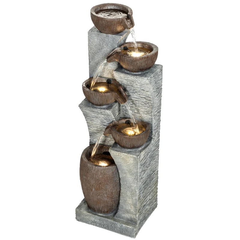 Outsunny Outdoor Fountain with 5-Tier, Garden Fountain with LED Lights, Adjustable Flow, Grey and Rustic Brown