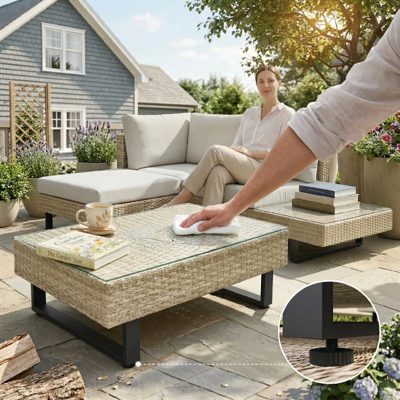 Outsunny Conjunto de Jardín Exterior de Ratán de 3 Piezas con Sofá Modular de 3 y 2 Plazas Mesa Lateral Mesa de Centro Cojines