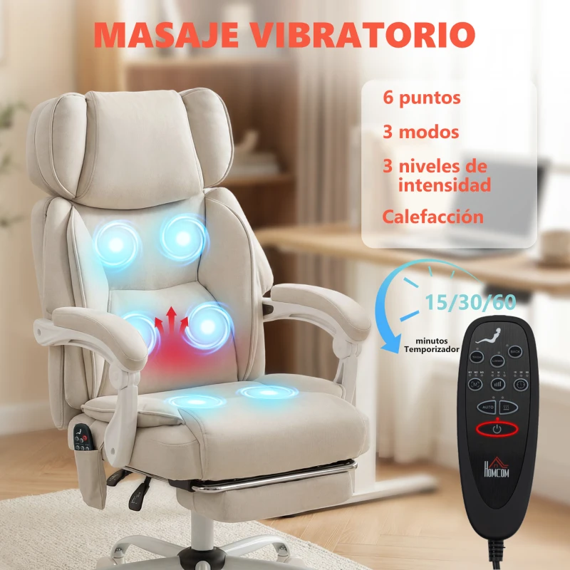 HOMCOM Silla de Escritorio Reclinable con Masaje Vibratorio de 6 Puntos Calor Lumbar Reposacabezas Ajustable Reposapiés Crema