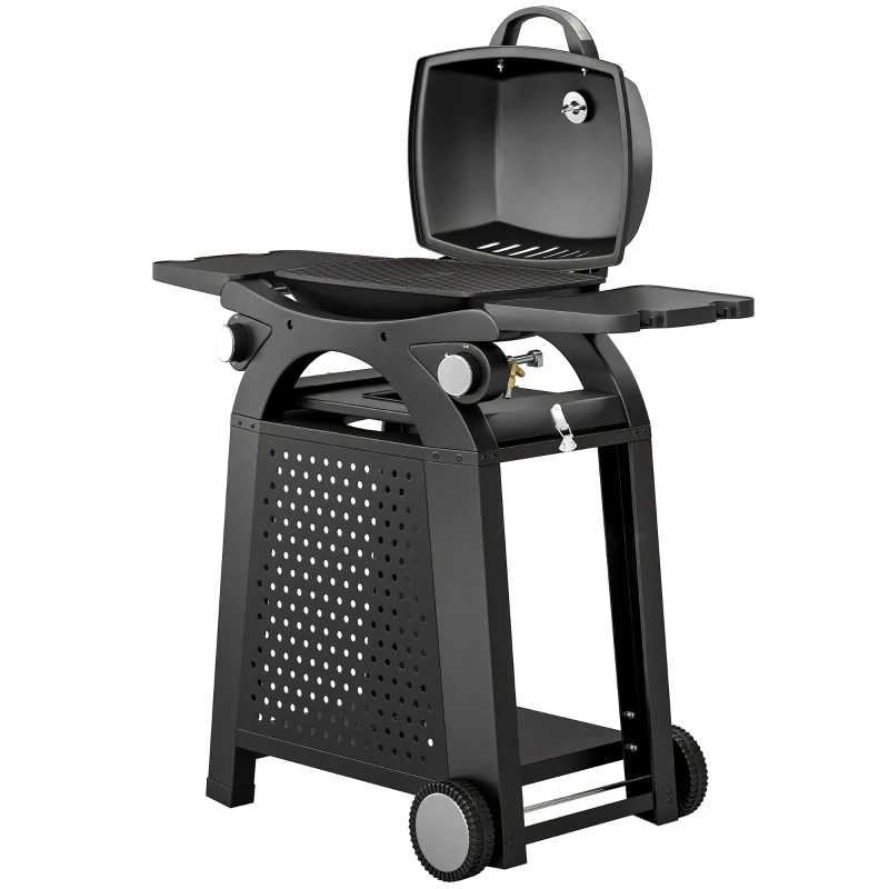 Outsunny 2 Burner Gas Grill with 2 Side Tables, 3.8 KW Barbecue Grill with Cast Iron Grates, 2-in-1 Tabletop BBQ with Wheels