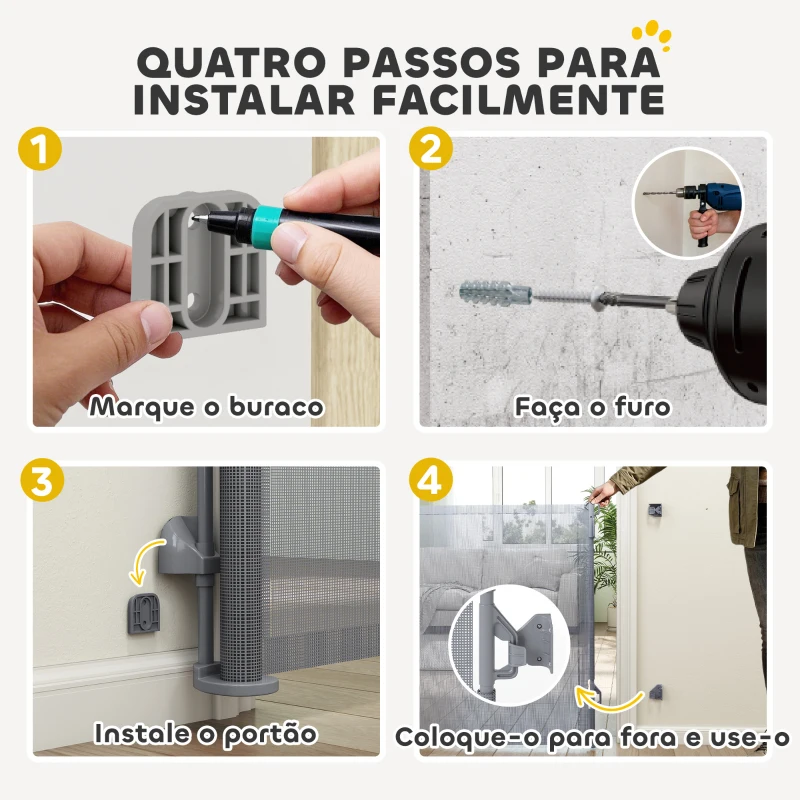 PawHut Barreira de Segurança para Cães Retrátil Extensível até 180 cm de Largura para Escadas e Portas Cinzento