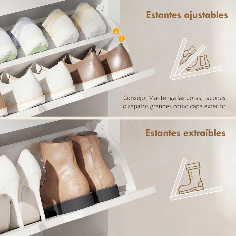 HOMCOM Mueble Zapatero Blanco Armario Zapatero Alto con 3 Cajones Abatibles para 18 Pares de Zapatos 72x26x112 cm Blanco