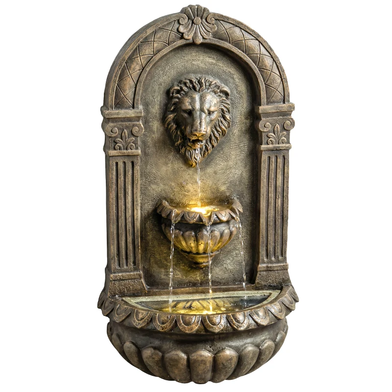 Outsunny Wall-Mounted Water Fountain, 3-Tier Cascading Waterfall with LED Lights and Adjustable Flow for Patio, Rustic Brown