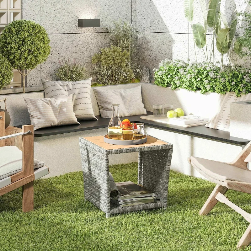 Outsunny Side Table 2-Tier Outdoor Coffee Table with Storage Shelf PS Wood Slat Top/Light Grey