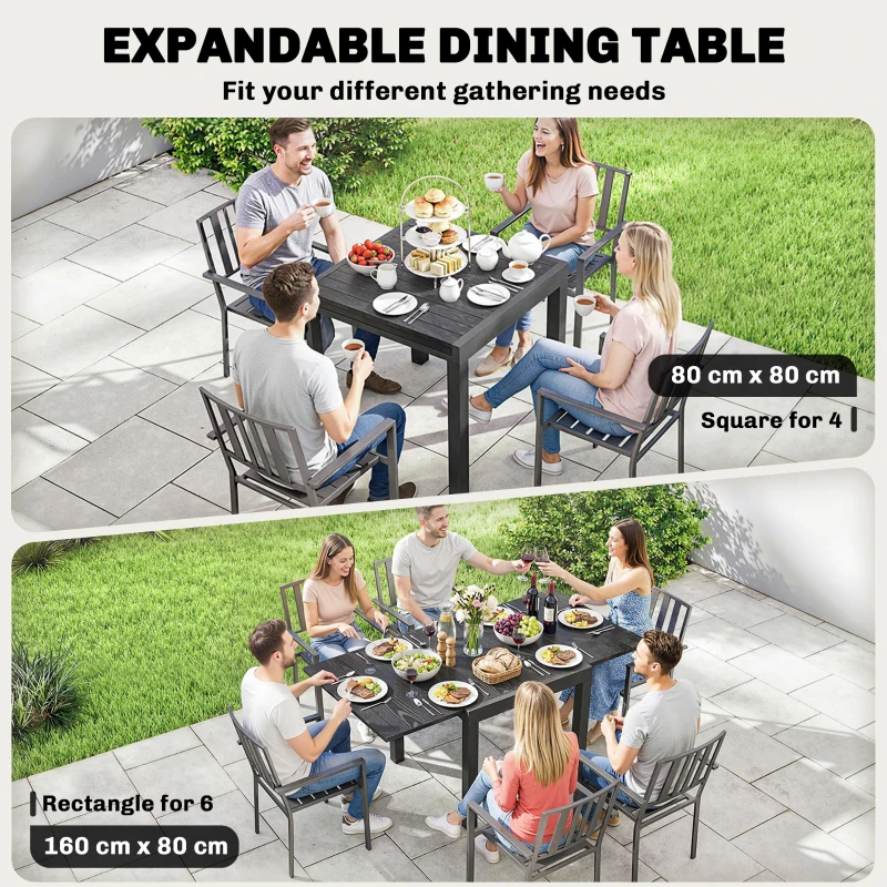 Outsunny Extending Garden Table for 4-6, Aluminium Outdoor Dining Table with Faux Wood Slatted Top, Black