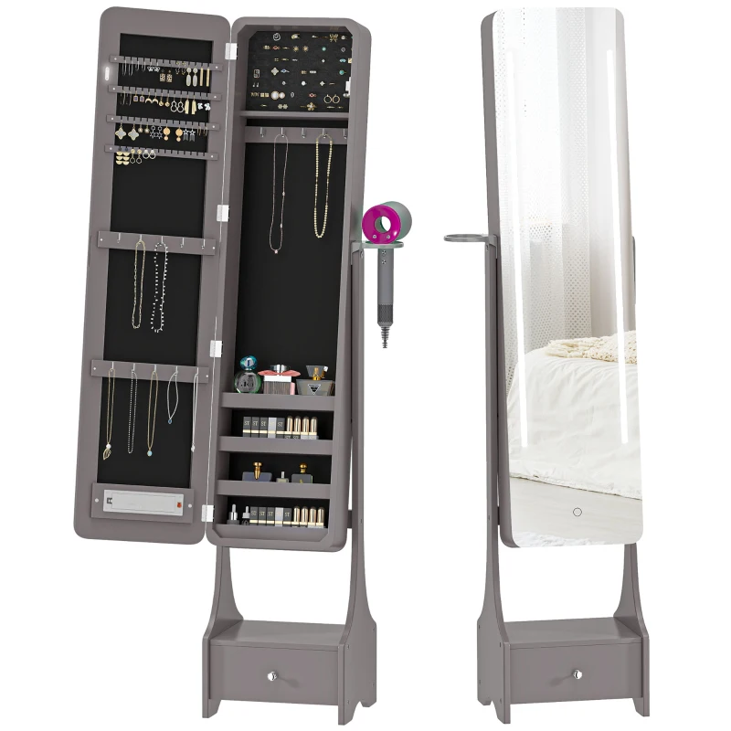 HOMCOM Espejo Joyero con Luces LED Armario Joyero con Espejo Entero de Ángulo Ajustable Cajón Luces Apagado Automático Gris