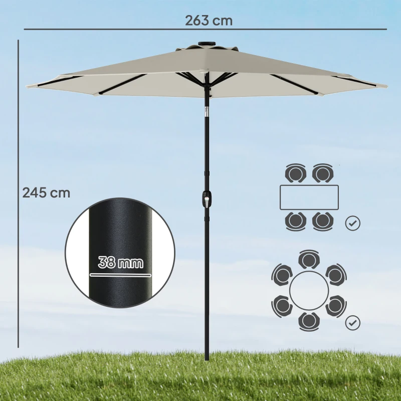 Outsunny 2.6 m Garden Parasol Umbrella with LED Solar Light, Parasol Cover, Outdoor Market Patio Umbrella, Light Grey