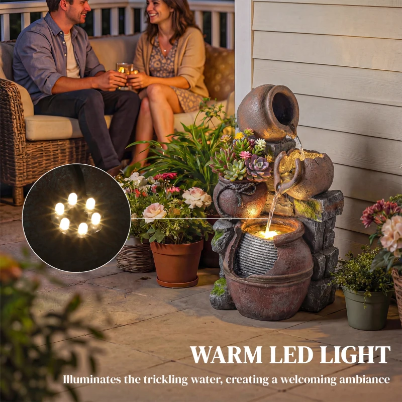 Outsunny Outdoor Fountain with 4-Tier Rustic Pots & Planter, Garden Fountain with LED Lights, Rustic Brown