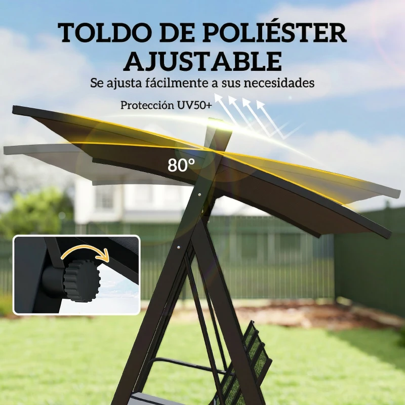 Outsunny Columpio de Jardín de 3 Plazas con Techo Ajustable UPF50+ Asiento Transpirable Carga 360 kg 188x130x183 cm Gris