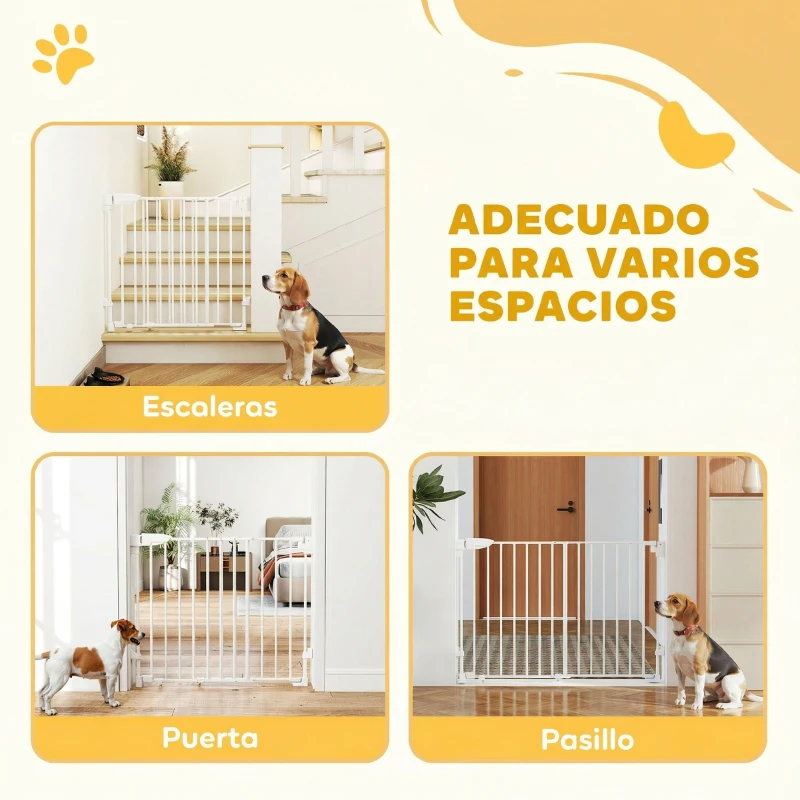 PawHut Barrera de Seguridad para Perros 74,5-111,5 cm Puerta para Perros para Escaleras con Pestillo Cierre Automático Blanco