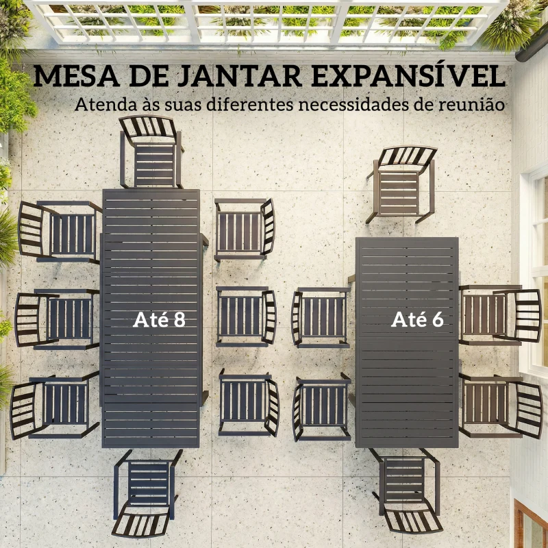Outsunny Mesa de Jardim Extensível 150/225x85x75 cm Mesa de Jantar de Alumínio com Tampo de Ripas para 6-8 Pessoas Cinzento