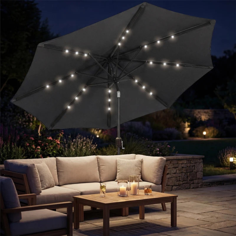Outsunny 2.6 m Garden Parasol Umbrella with LED Solar Light, Parasol Cover, Outdoor Market Patio Umbrella, Black