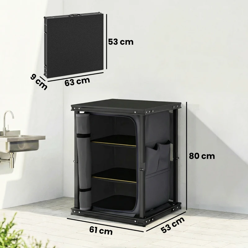 Outsunny Camping Camping Cupboards, Folding Portable Kitchen Table with 3-Tier Storage, Black