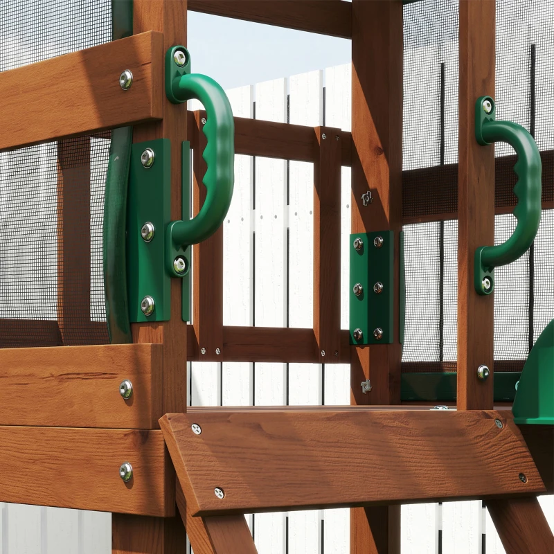 AIYAPLAY Aire de Jeux portique en Bois avec 2 balançoires et Toboggan, Mur d'Escalade et Terrasse Couverte, pour 3 à 8 Ans