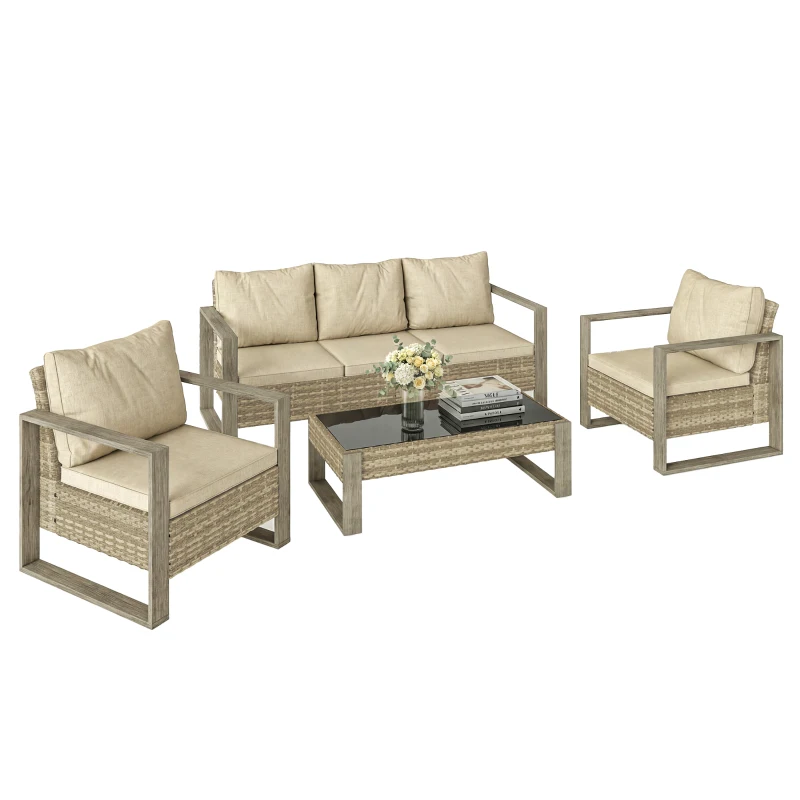 Outsunny 4 Piece Rattan Garden Furniture Set with 3-Seater Sofa, Armchairs, Table, Aluminium Frame Patio Conversation Set, Khaki