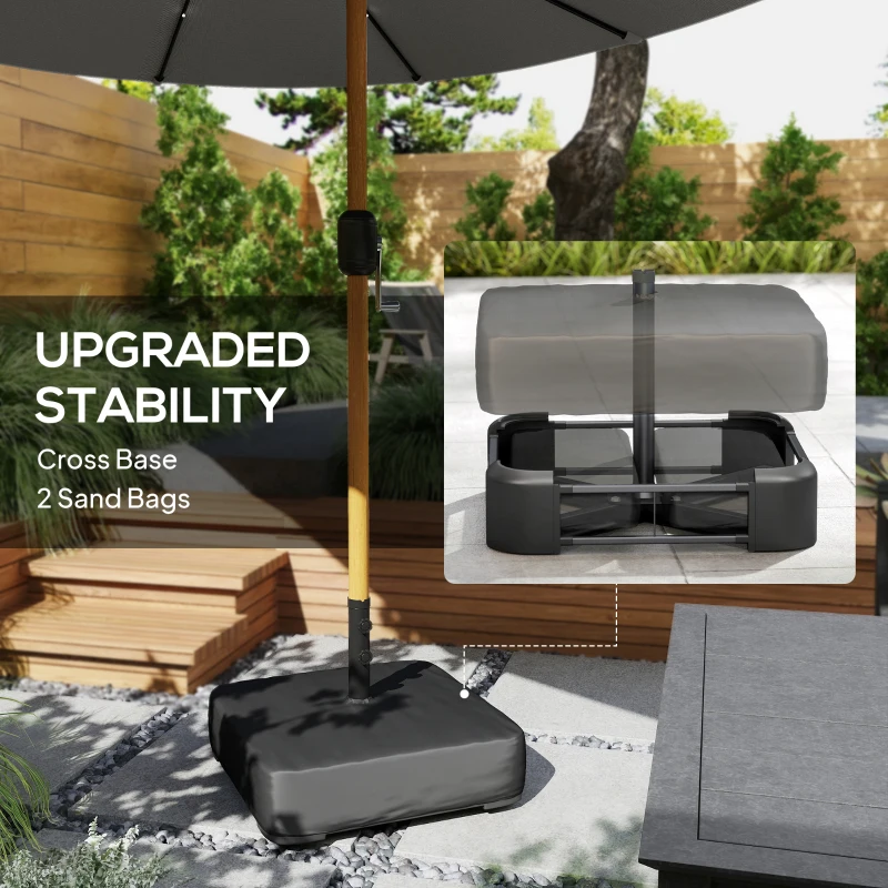 Outsunny Double Sided Garden Parasol with Base Included & 48 Solar LED Lights Patio Umbrella Crank Handle 4.6m Light Grey