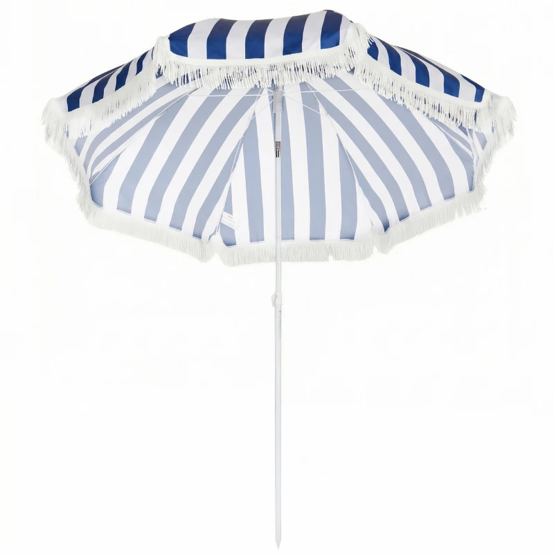 Outsunny Sombrilla de Playa con Flecos Ø180 cm Sombrilla de Terraza Exterior con Altura Ajustable Inclinación 30° Azul y Blanco