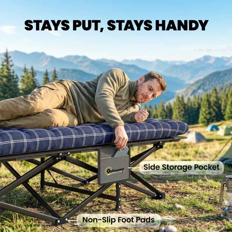 Outsunny Camping Cot with Soft Pad, 80cm Extra Wide Folding Cots with Side Pocket and Carry Bag, Blue