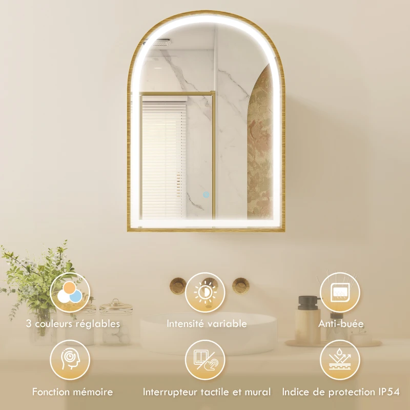 HOMCOM Armoire murale salle de bain avec miroir et éclairage LED, porte arquée, anti-buée, 50x14,5x70cm, doré