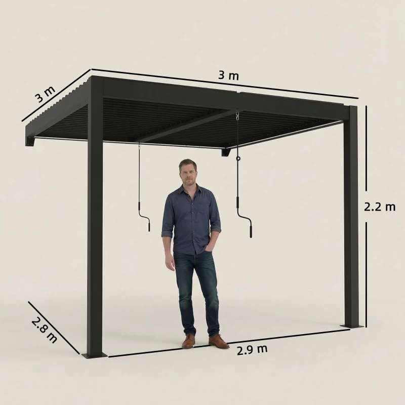 Outsunny 3 x 3 m Louvered Pergola with LED Lights, Metal Louvres, Wall Mounted Aluminium Patio Gazebo Pergola, Dark Grey