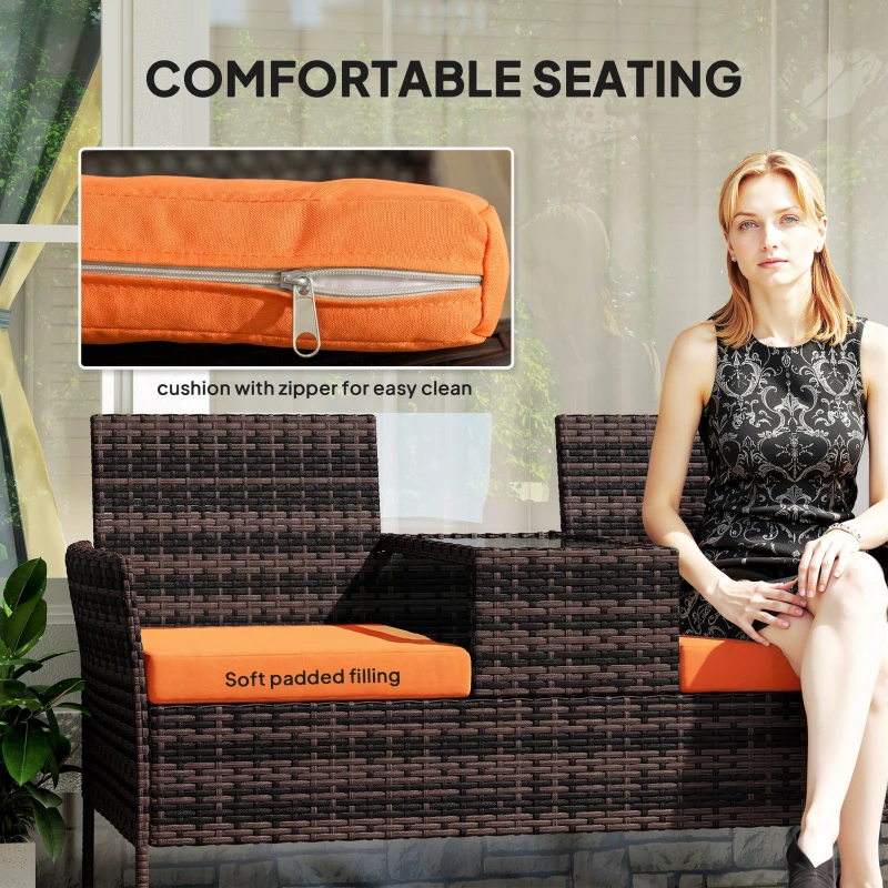 Outsunny Two-Seat Rattan Chair, with Middle Table - Orange