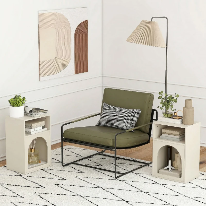 HOMCOM Lot de 2 tables de chevet, table de nuit avec compartiments ouverts, design arqué, 40 x 30 x 60 cm, crème