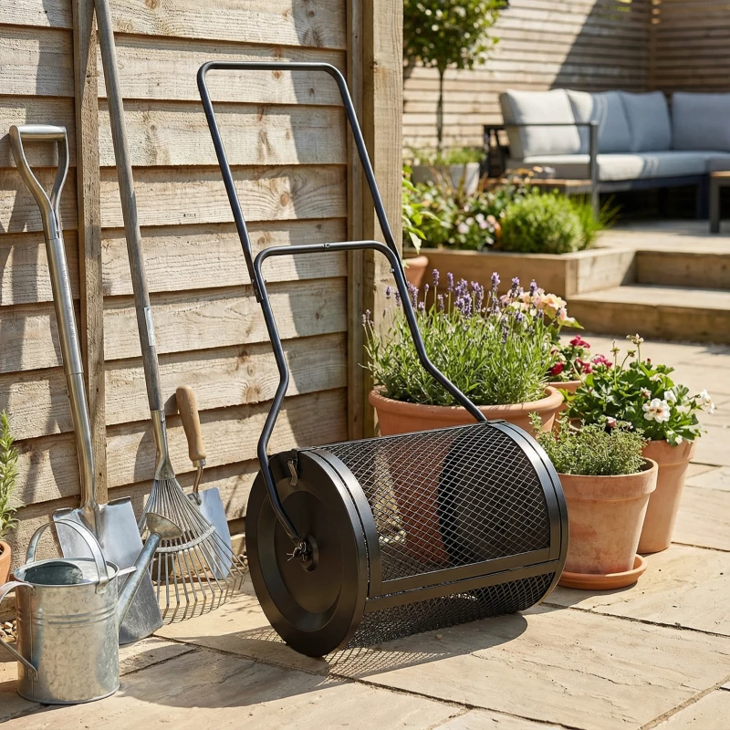 Outsunny Compost Spreader, 20" Peat Moss Spreader with Detachable U-Shaped Handle and Metal Mesh Basket