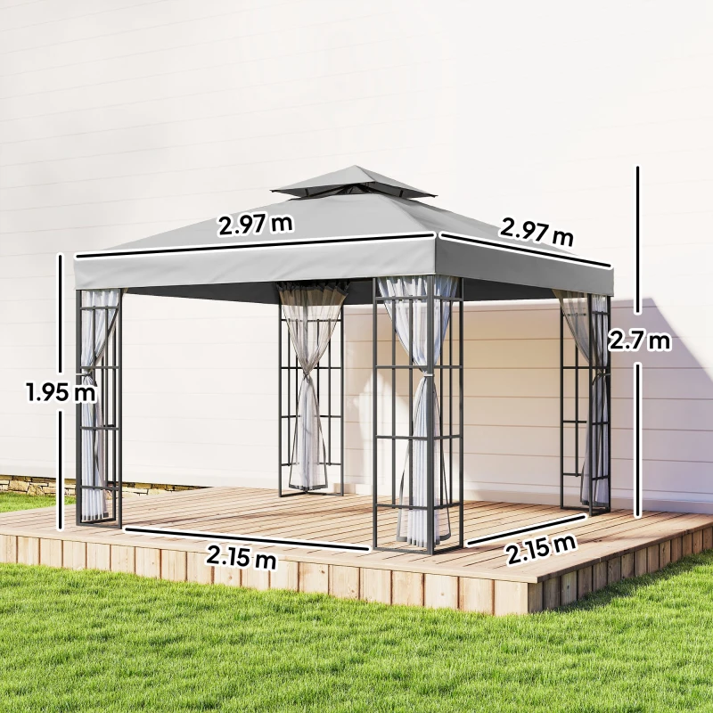Outsunny 3 x 3(m) Patio Gazebo Canopy Garden Pavilion Tent Shelter with 2 Tier Roof and Mosquito Netting, Light Grey