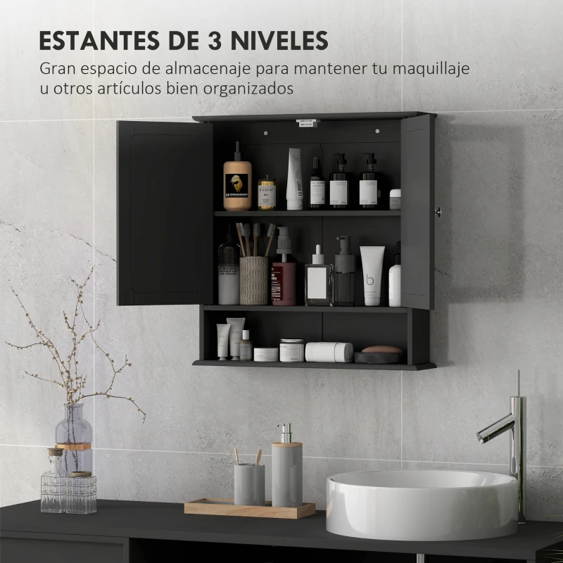 kleankin Armario de Baño con Espejo Armario de Pared con 2 Puertas Estante Abierto Estante Ajustable 56x13x58cm Negro