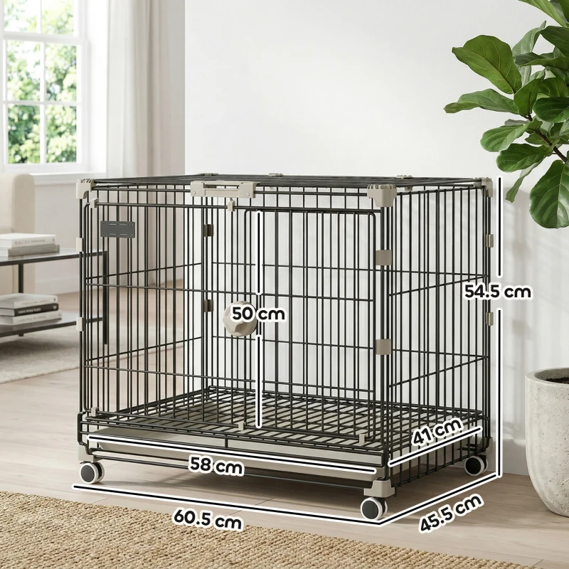 PawHut Cușcă pliabilă pentru câini, Tavă detașabilă, Roți cu frâne, Acoperiș rabatabil, Ușă pentru hrănire, 60,5x45,5x54,5cm, Negru