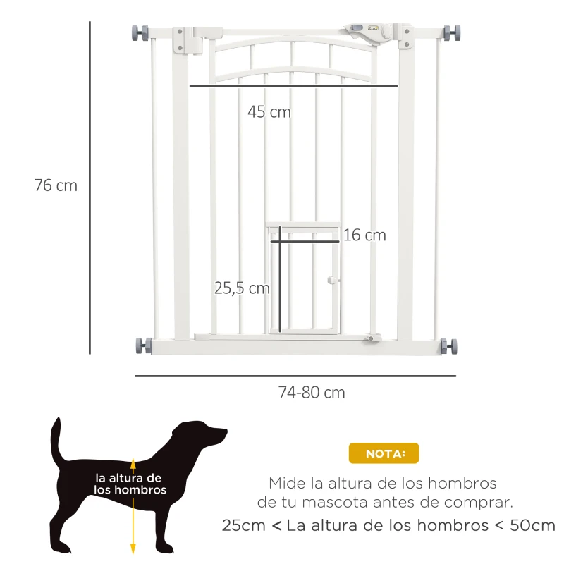 PawHut Barrera de Seguridad para Perros 74-80 cm con Montaje a Presión Doble Bloqueo Extensión para Puerta Escalera Blanco