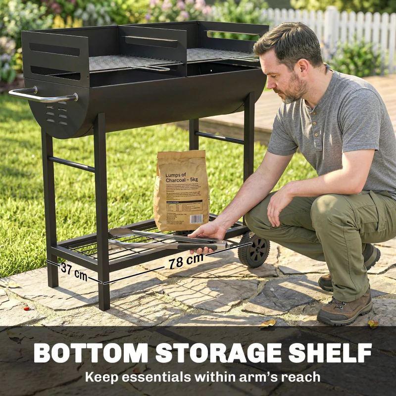 Outsunny Charcoal Barbecue Grill with 2 Cooking Areas, Portable BBQ Trolley with Wheels, Height Adjustable Grates, Bottom Shelf