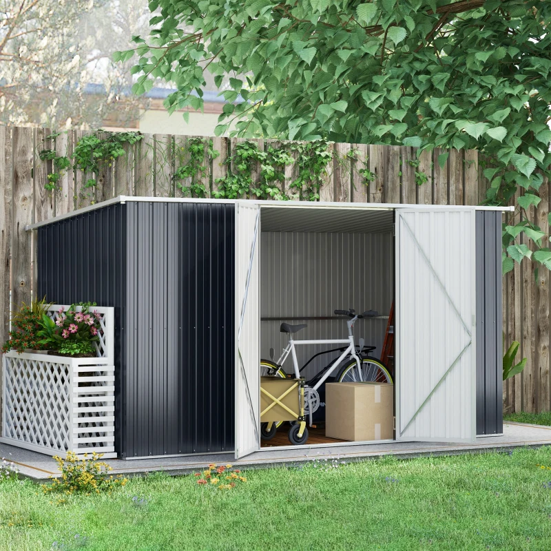 Outsunny 11 x 5.6ft Galvanised Steel Garden Shed, Metal Shed, Garden Storage Shed with Lockable Doors and Gloves for Outdoor Patio, Garden, Grey