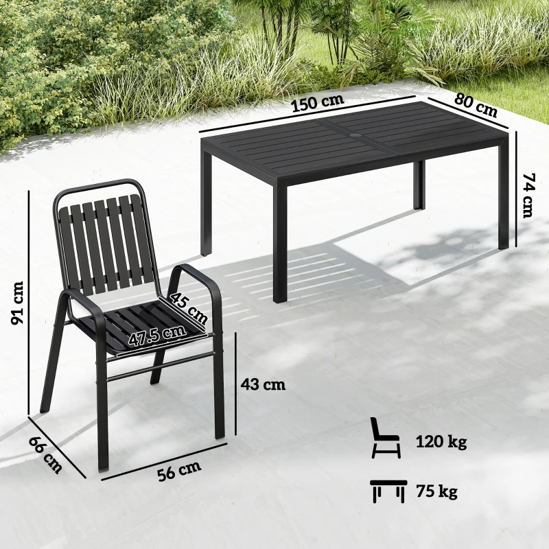 Outsunny 7 Pieces Outdoor Dining Set with Umbrella Hole, Garden Table and Chairs Set for 6 with Metal Table and Stackable Chairs