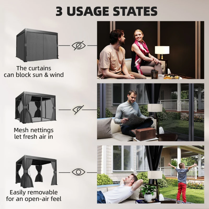 Outsunny 3 x 3 m Louvered Pergola with Adjustable Metal Louvred Roof, Aluminium Patio Gazebo with Netting and Curtains, Dark Grey