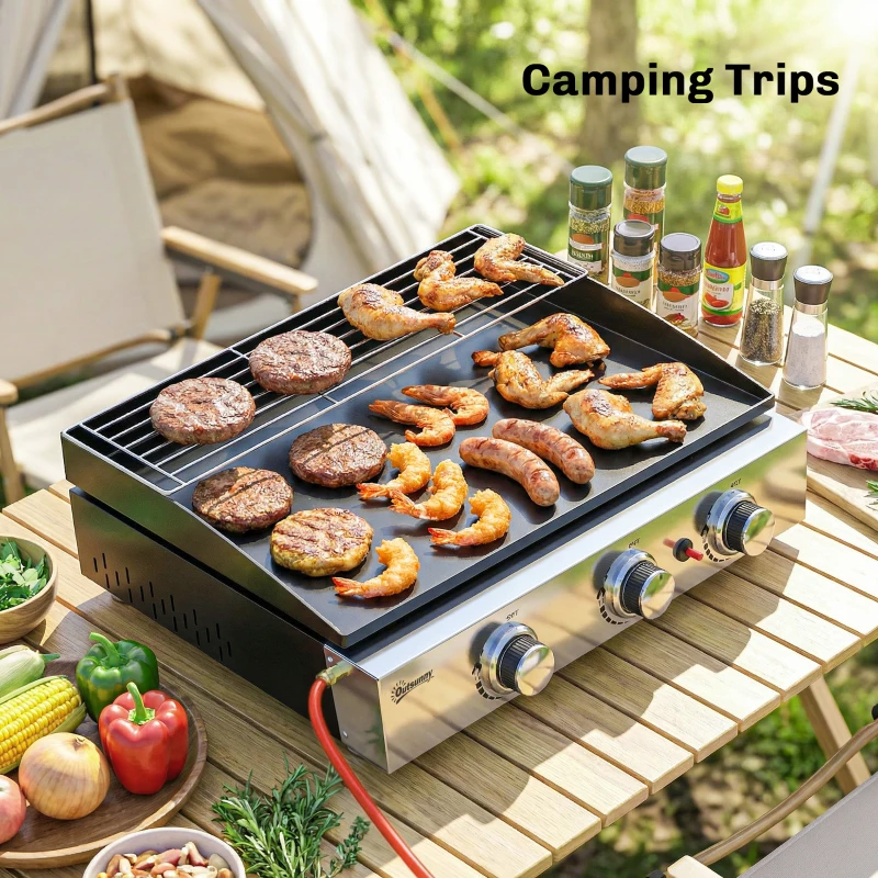 Outsunny 3 Burner Grill Griddle, Portable Gas Plancha with Warming Rack, 7.5 kW, Tabletop Gas BBQ with Grease Cup, Black