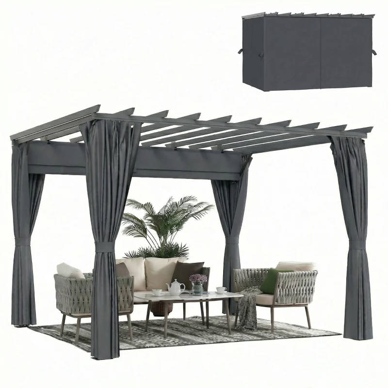 Outsunny 3.6 x 3 m Pergola with Retractable Roof Canopy, Curtains, Aluminium Garden Pergola Gazebo Sun Shade Shelter, Dark Grey