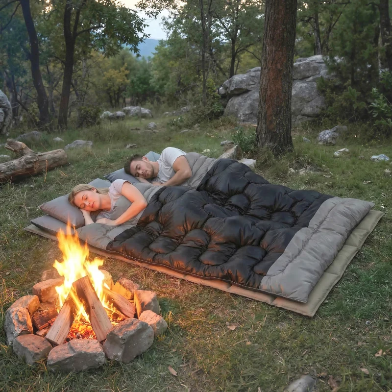 Outsunny Double Sleeping Bag with 2 Pillows, 220 x 160 cm Extra-Large Sleeping Bag for Adults, Black and Grey