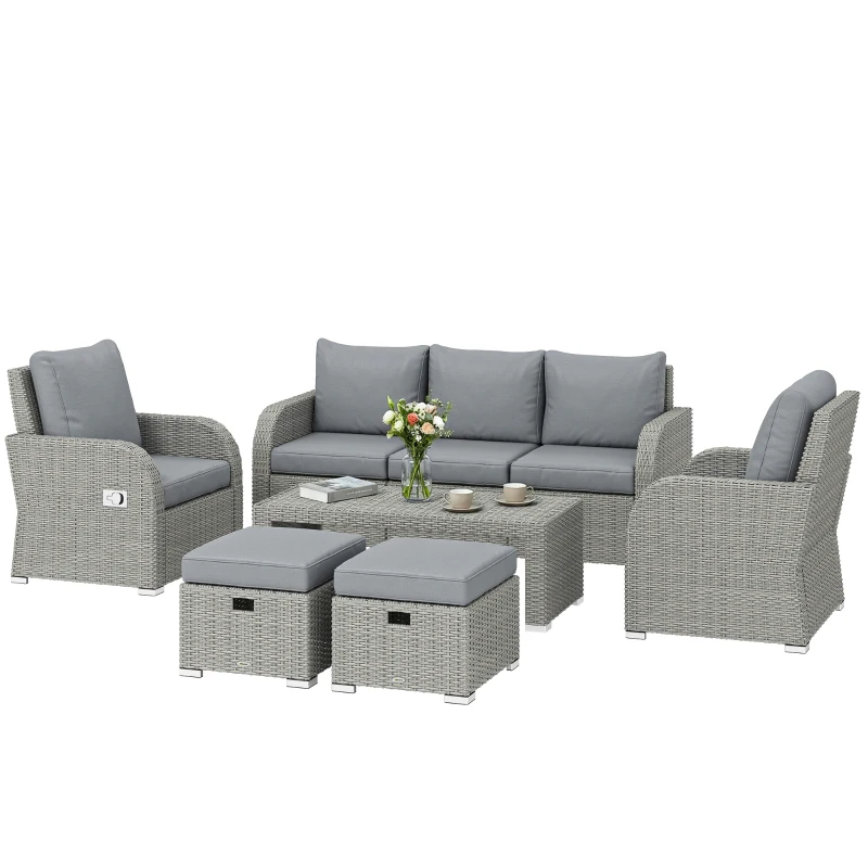 Outsunny Six-piece Rattan Garden Furniture Set with Reclining Armchairs - Dark Grey