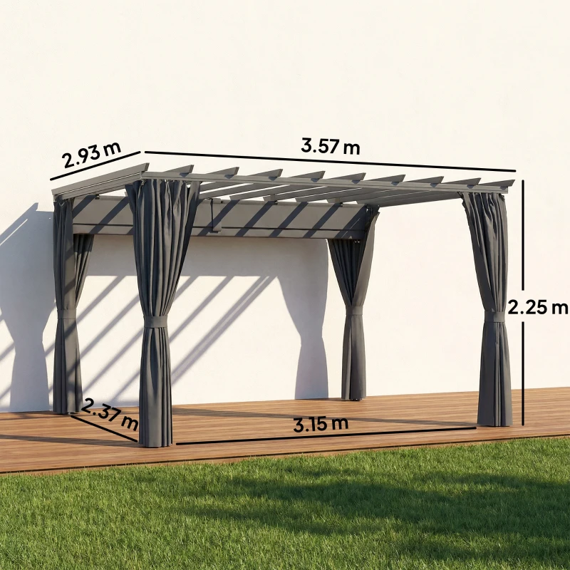 Outsunny 3.6 x 3 m Pergola with Retractable Roof Canopy, Curtains, Aluminium Garden Pergola Gazebo Sun Shade Shelter, Dark Grey
