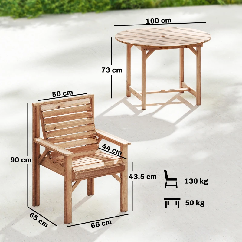 Outsunny 5 Pieces Garden Dining Set with Parasol Hole, Round Outdoor Table and Chairs, 4 Seater Wooden Garden Furniture, Natural
