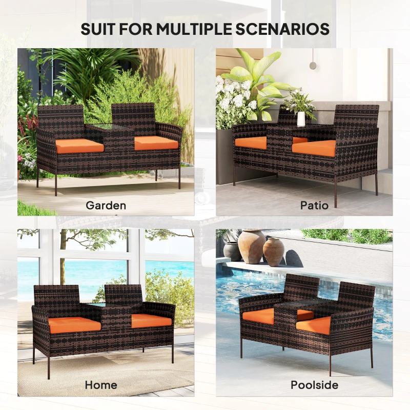 Outsunny Two-Seat Rattan Chair, with Middle Table - Orange