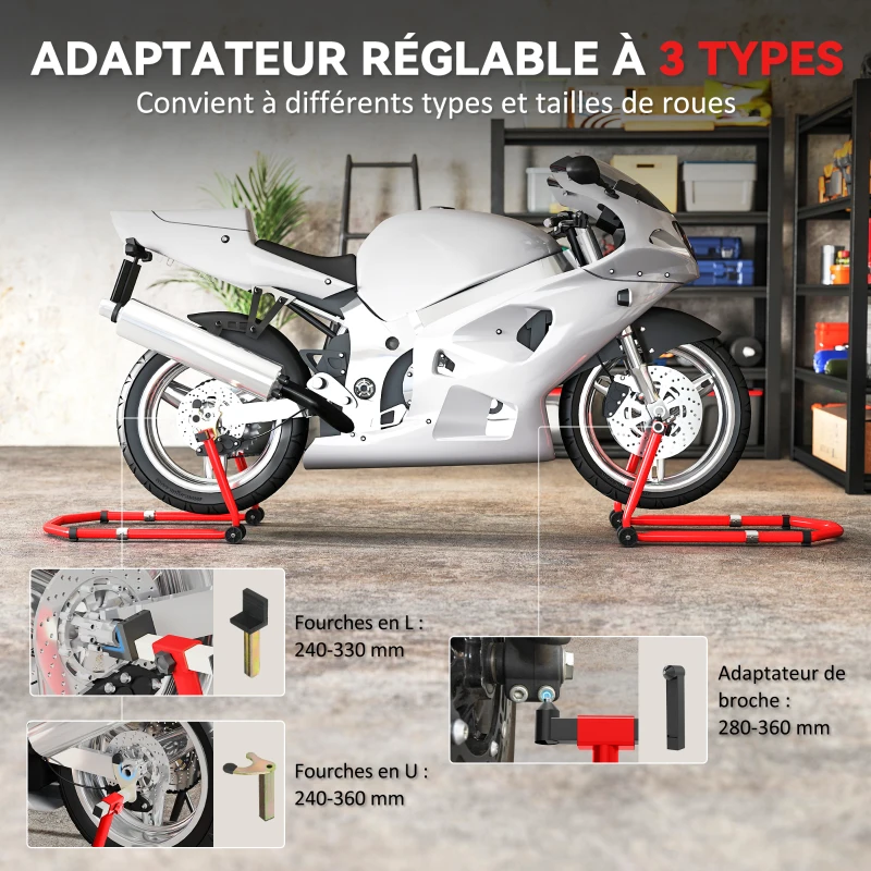 HOMCOM Béquille Moto, Capacité 390 kg, Support Avant et Arrière Réglable avec Fourches U+L, Clips de Serrage, 43x36x64cm, Rouge