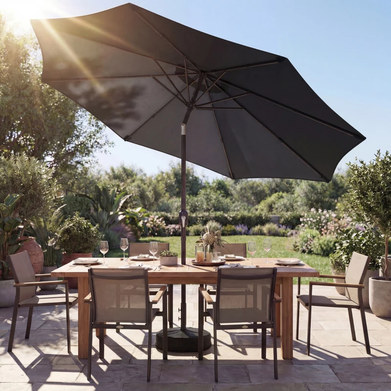 Outsunny 2.7 m Garden Parasol Umbrella with Cross Base and Sandbag, Retractable Ribs, Outdoor Table Market Umbrella, Black