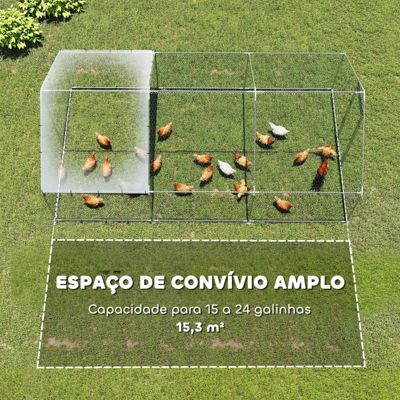PawHut Galinheiro Grande para Exterior de Aço Galvanizado 5,1x3x1,9 m 15,3 m² com Cobertura de Tecido Oxford e Fecho Prata