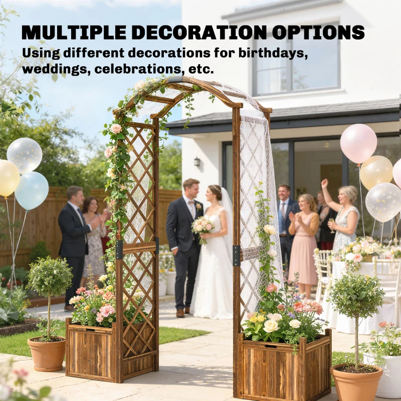 Outsunny Wooden Garden Arch with 2 Planter Boxes, Outdoor Rose Arch Trellis for Climbing Vines, Carbonised