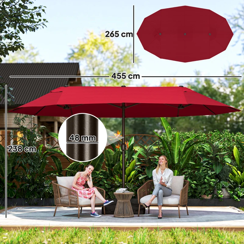 Outsunny Parasol de jardin exterieur parasol double rectangulaire 4,6L x 2,7l x 2,4H m avec ouverture fermeture manivelle, sacs de lestage et base inclus, pour balcon, piscine, bordeaux